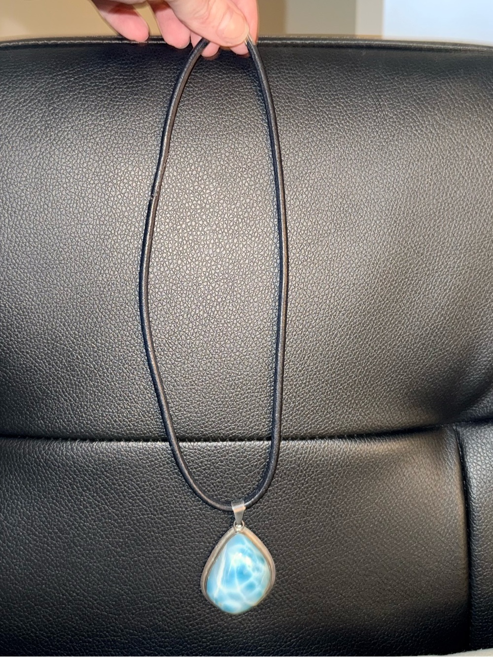 Vintage Turquoise Stone Teardrop Pendant Necklace, 925 Silver, Leather Cord